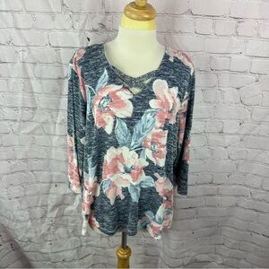 Allison Daley petites Floral Long Sleeve Top crisscross v-neck sz PXL